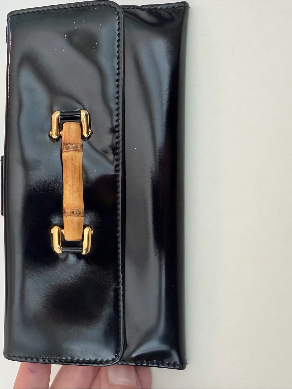 Authentic Vintage Tom Ford Gucci Black Patent Leather Wallet Bamboo Handle - Picture 1 of 10